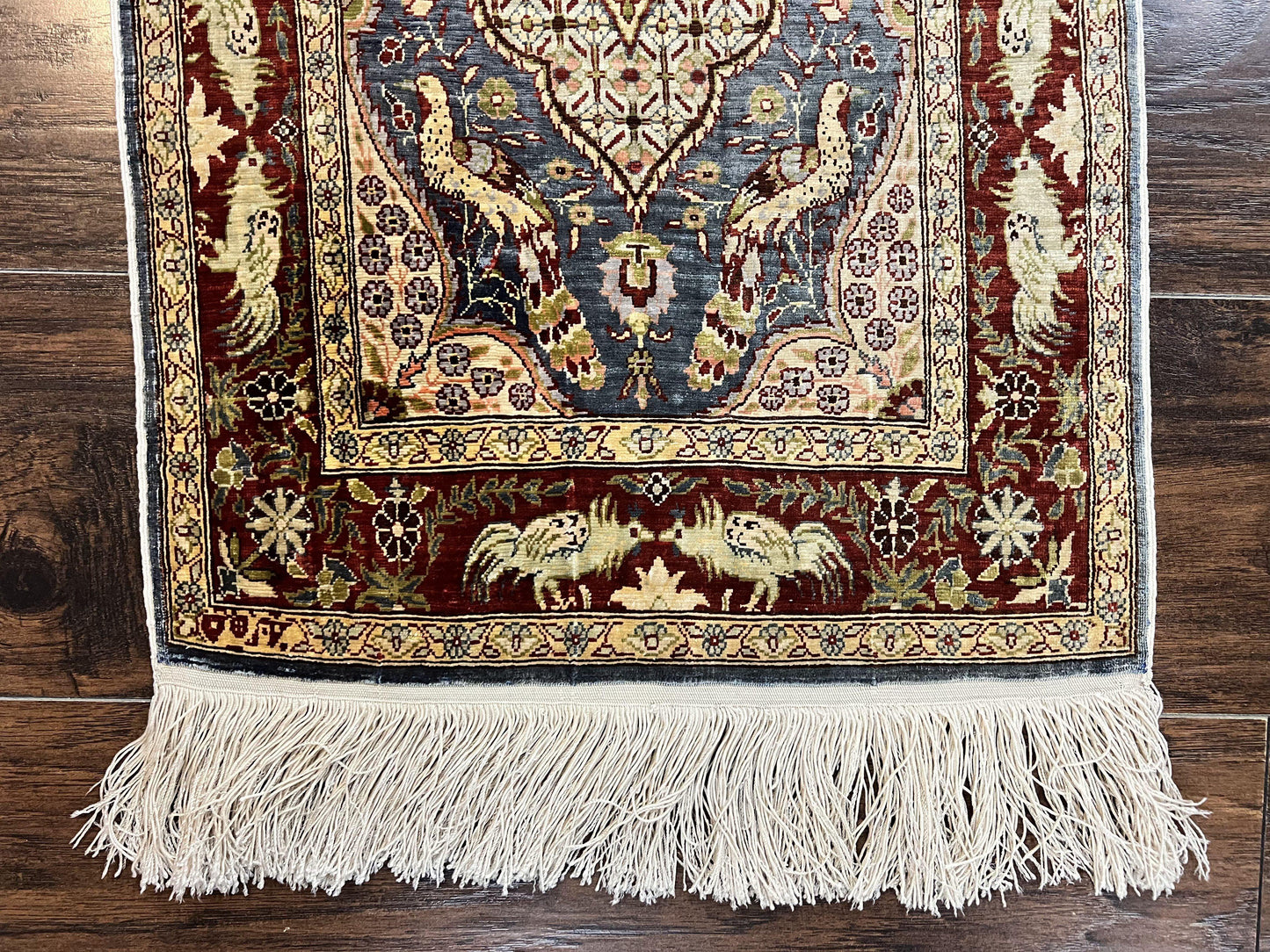 Silk Turkish Hereke Rug 2x3 Peacocks Birds Hand Knotted by Master Weaver 550 KPSI Animal Pictorial
