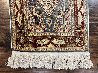 Silk Turkish Hereke Rug 2x3 Peacocks Birds Hand Knotted by Master Weaver 550 KPSI Animal Pictorial