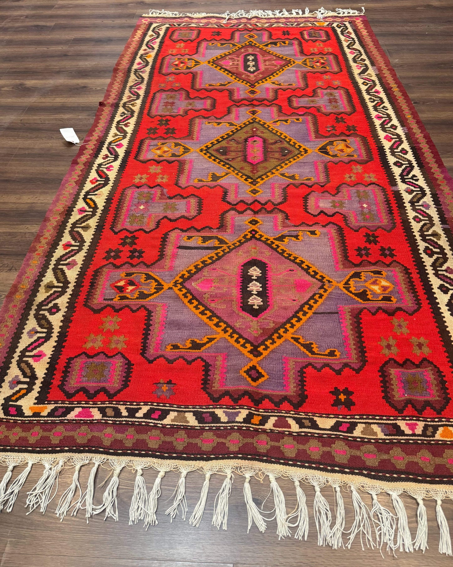 Persian Kurdish Zarand Kilim Rug 5x9 Runner With Red Field And Geometric Medallions