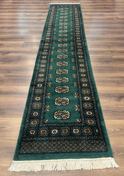 Pakistani Bokhara Runner Rug 2.5x11 Green Wool Hand Knotted Hallway Rug