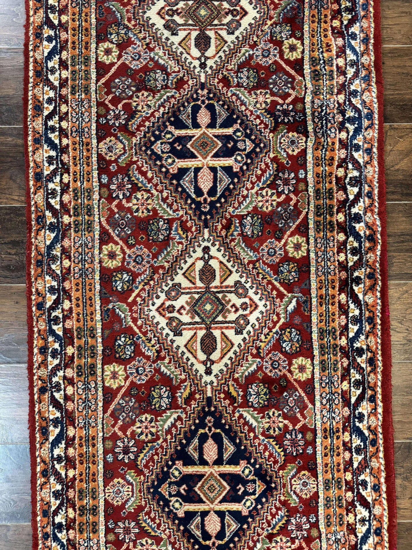 Persian Qashqai Runner Rug 3x13 Wool Hand Knotted Red Ivory Blue Geometric Medallions