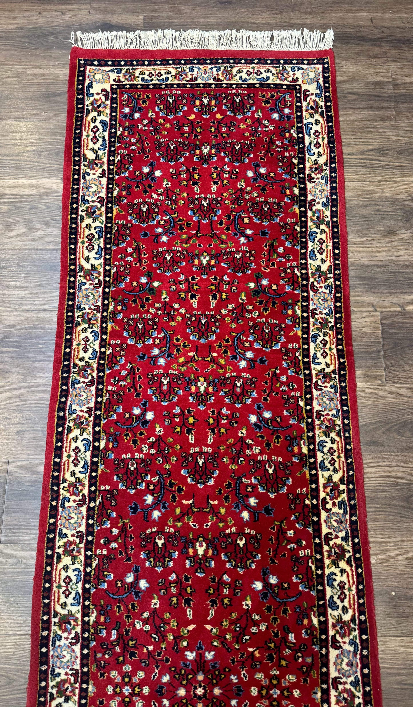 Indo Persian Sarouk Runner Rug 3x12 Hand Knotted Vintage Red And Cream Allover Pattern