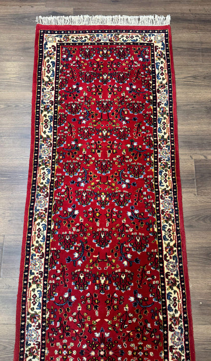 Indo Persian Sarouk Runner Rug 3x12 Hand Knotted Vintage Red And Cream Allover Pattern