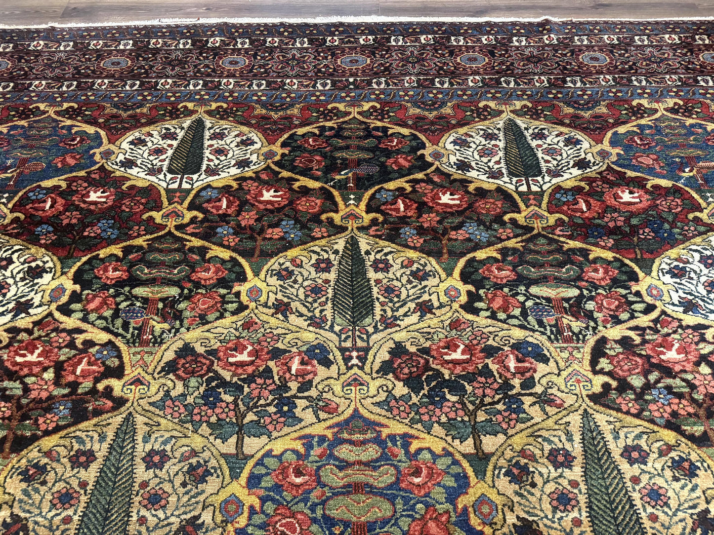 Persian Bakhtiari Rug Antique 12x19 Hand Knotted Wool Panel Design Peacocks Multicolor