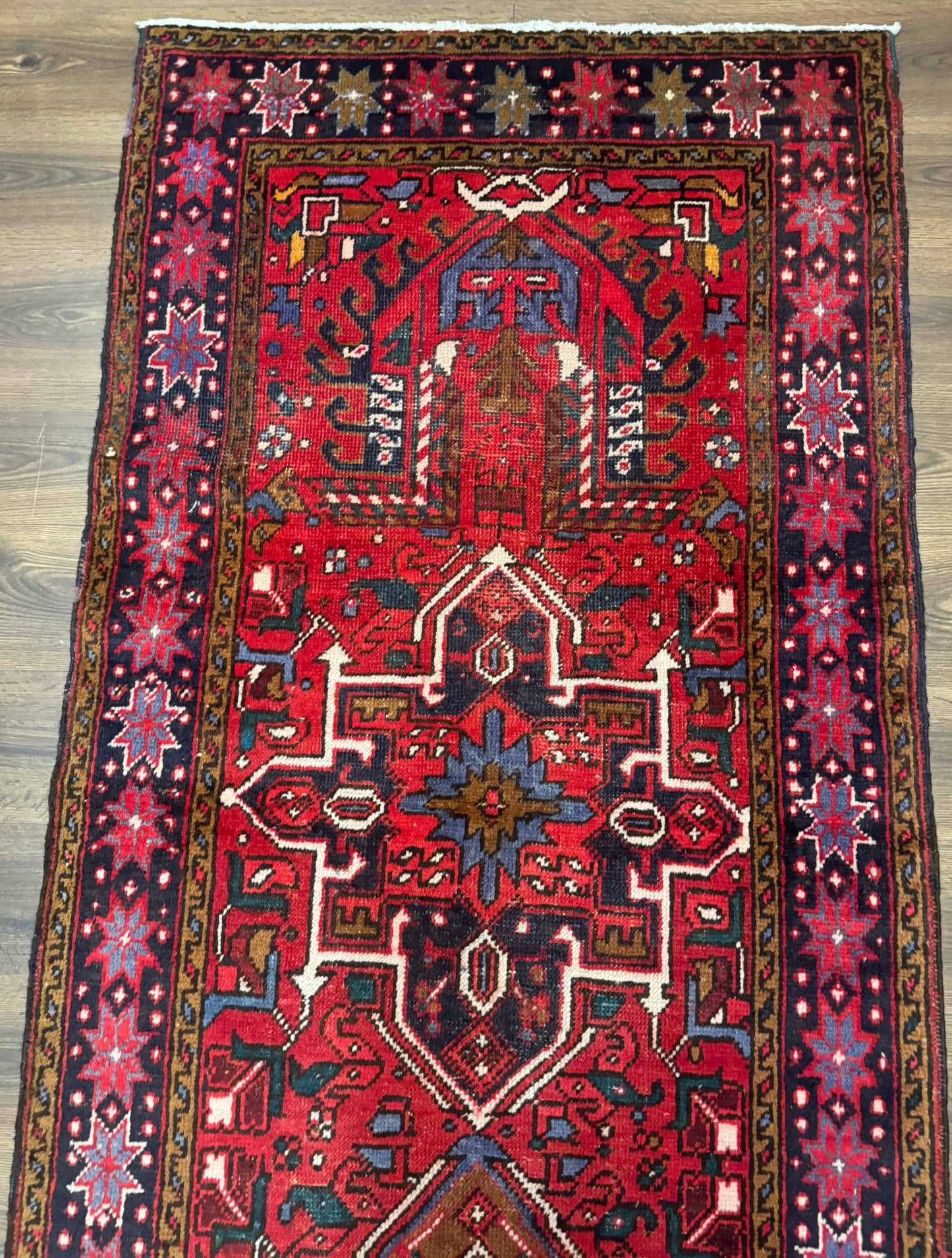 Persian Heriz Karajeh Runner Rug 3.7 x 12 ft Red Navy Geometric Medallions