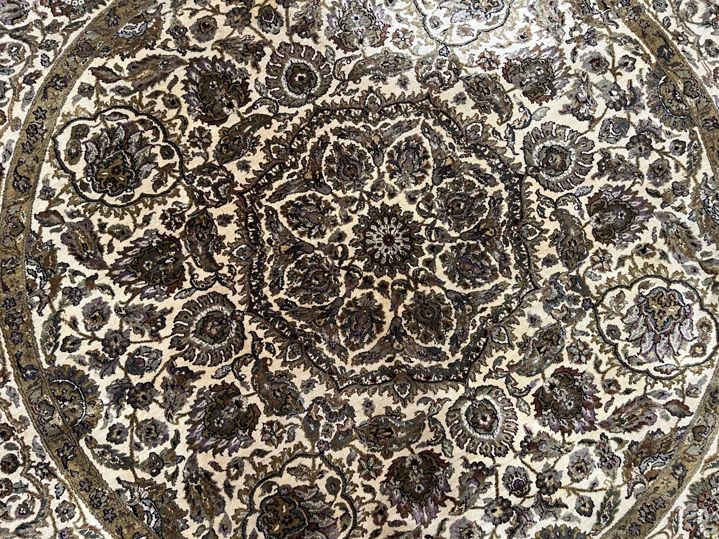 Round Indo Persian Rug 8 by 8 ft Hand Knotted Vintage Wool Circular Carpet Floral Medallion Cream and Green