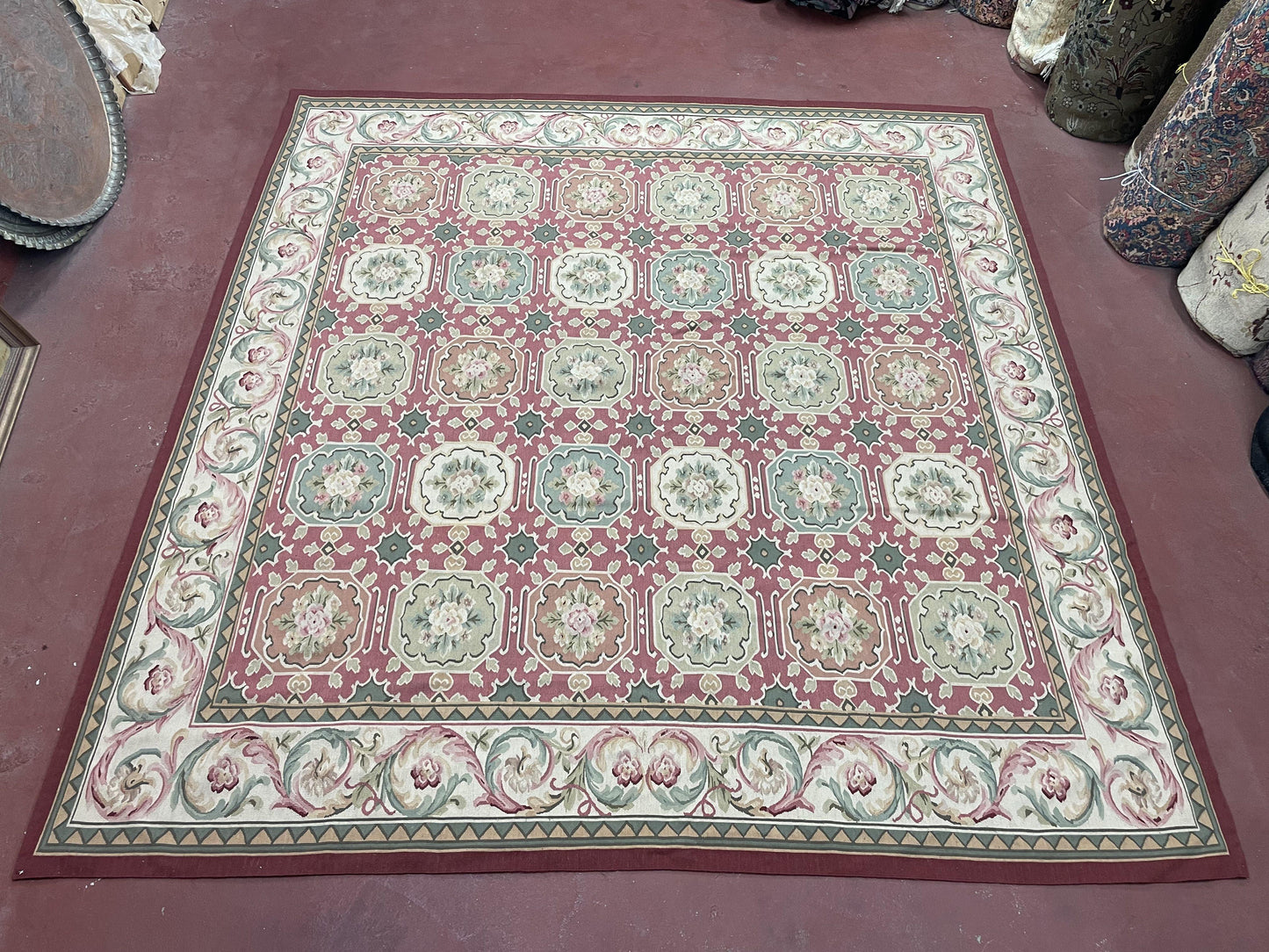 Square Aubusson Rug 9x9 Hand Knotted Wool Needlepoint Panel Design European