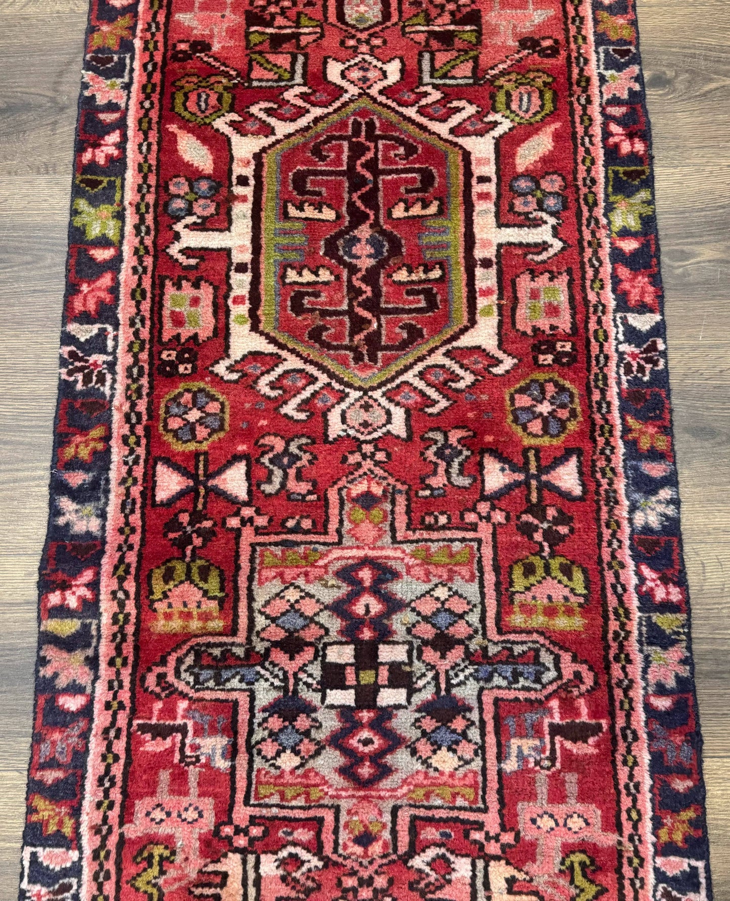 Persian Heriz Karajeh Runner Rug 2x9 With Bold Geometric Medallions In Red Navy