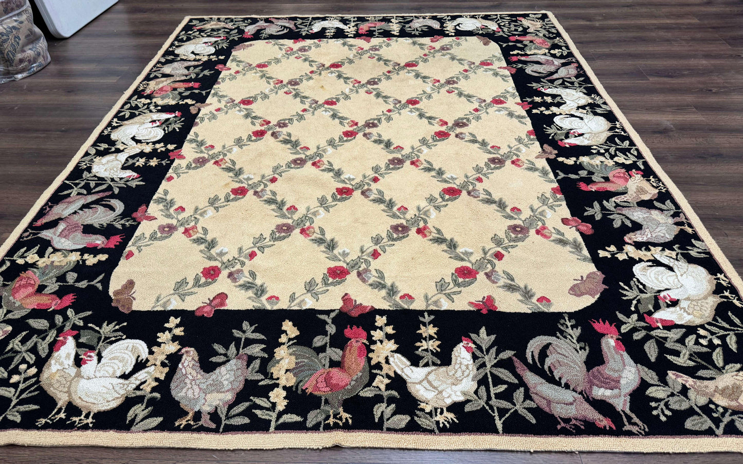 Vintage Hooked Rug 7x9 Rooster Border With Roses And Butterflies