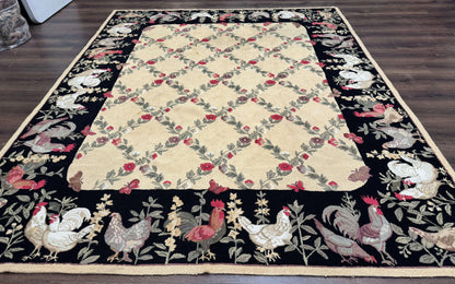 Vintage Hooked Rug 7x9 Rooster Border With Roses And Butterflies