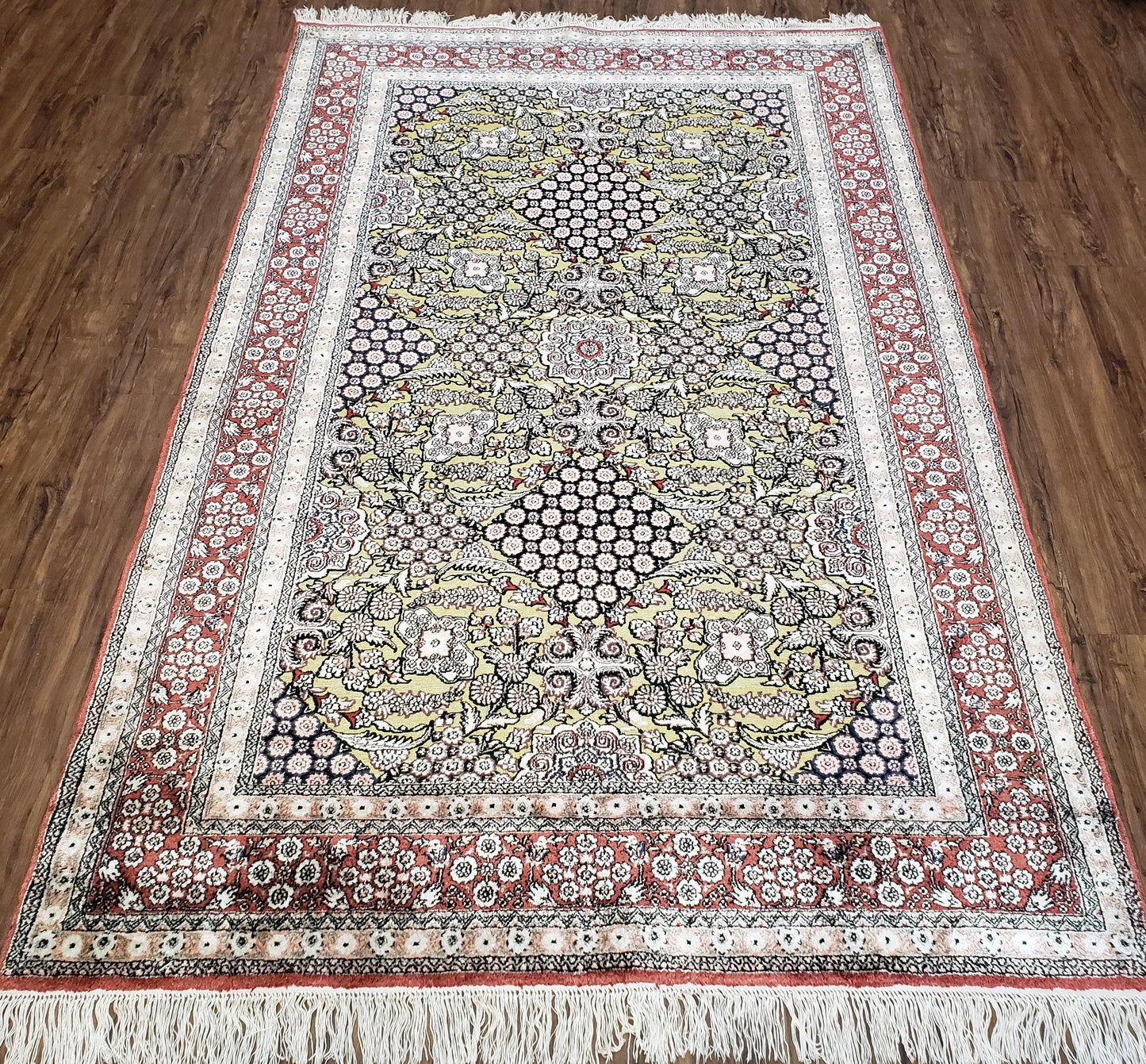 Kashmiri Silk Rug 5x8 Indian Handmade With Gold Threads Luxury Vintage Style