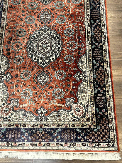 Turkish Silk Runner Rug 3x8 Hand Knotted Red Floral Medallions Vintage Kayseri