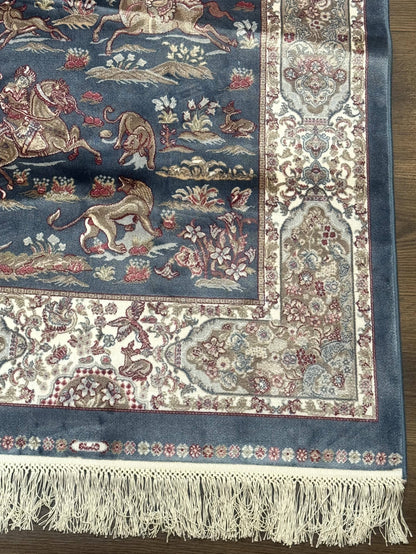 Turkish Silk Rug Runner 2.6 by 6.7 Blue Ivory Bamboo Silk Contemporary Design