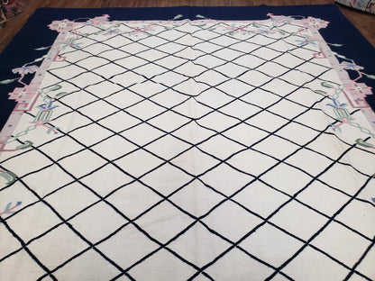 Vintage Wool Dhurrie Rug Handwoven Indian Kilim Flatweave Black White