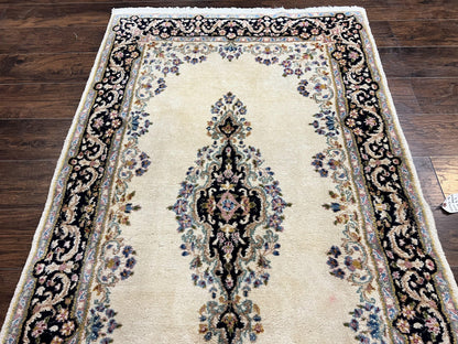 Persian Kirman Rug 4x7 Hand Knotted Wool Antique Carpet Beige Medallion Design