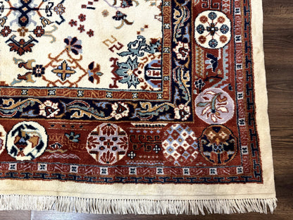 Indo Chinese Wool Rug 9x12 Ivory And Rust Red Dragon Motifs Hand Knotted