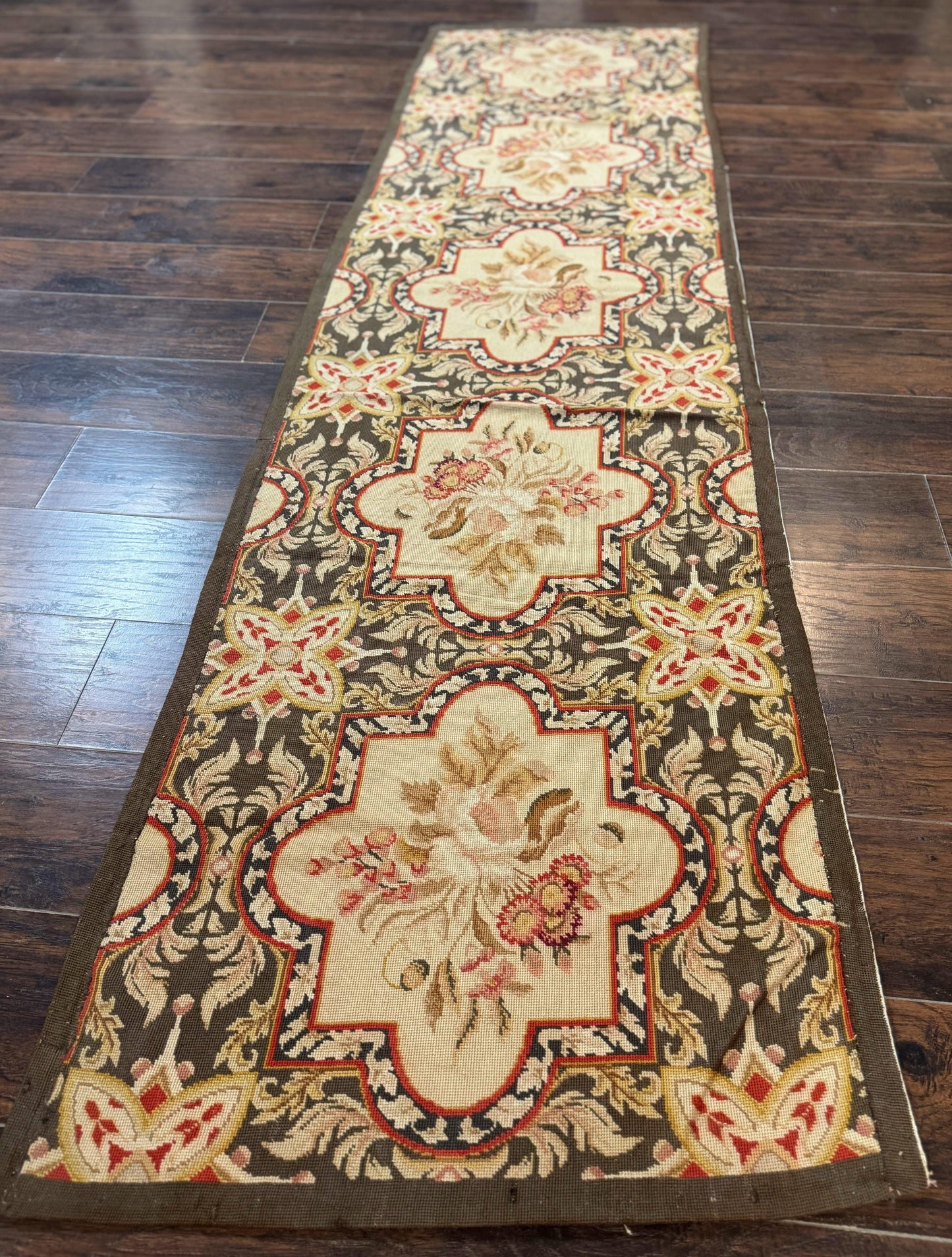 Needlepoint Runner Rug European French Design Handmade Wool Vintage