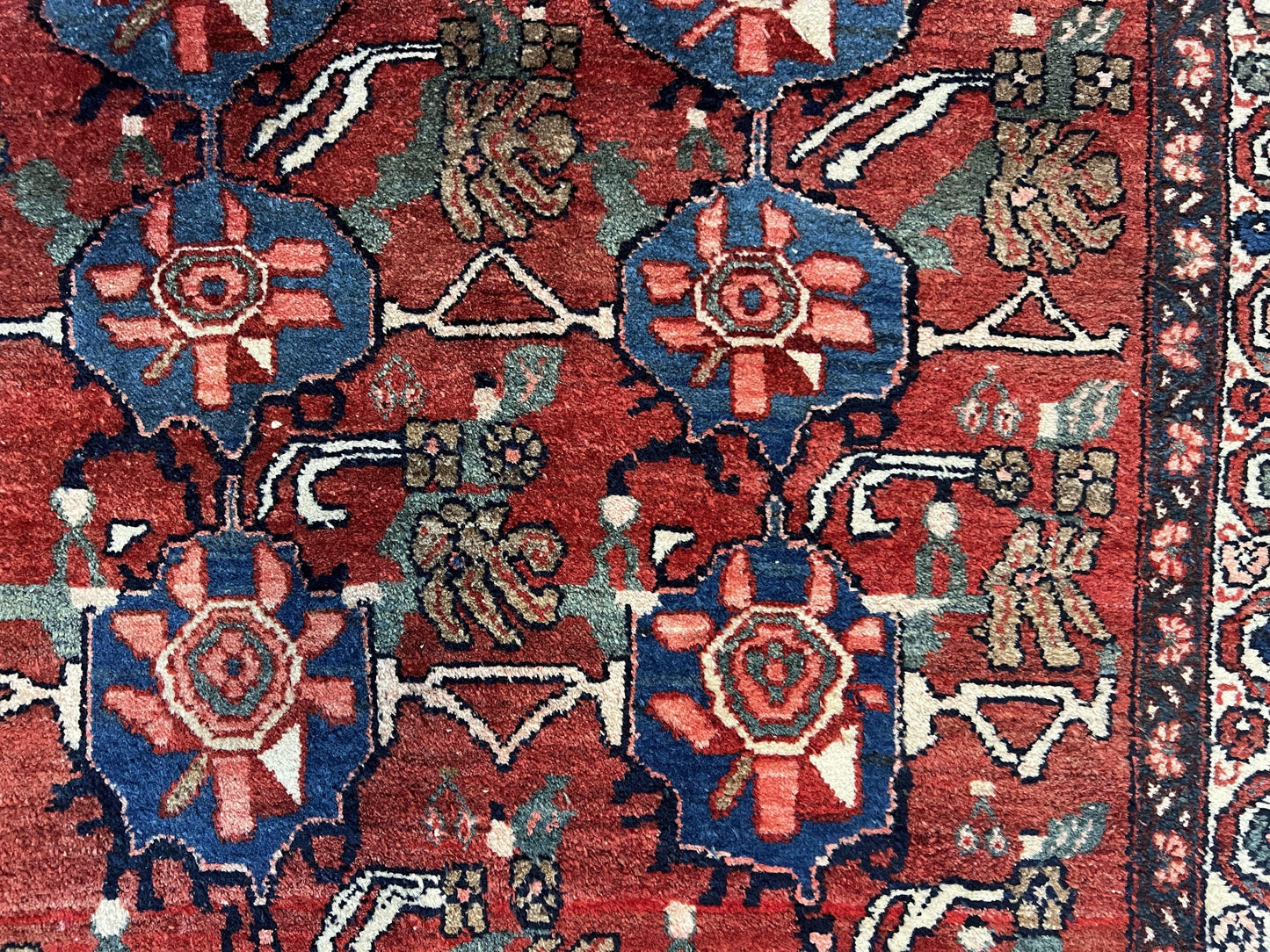 Antique Persian Bijar Rug 9x12 Allover Motif Red Blue Wool Handmade