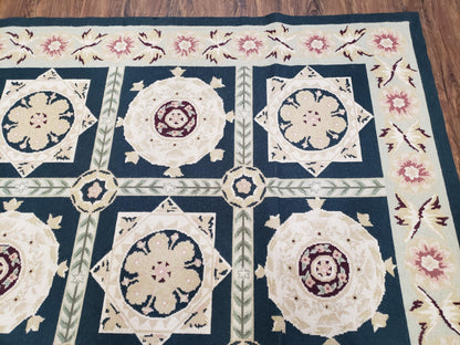 Vintage Chinese Needlepoint Rug 6x9 Handwoven Wool Panel Design Rug Black Ivory