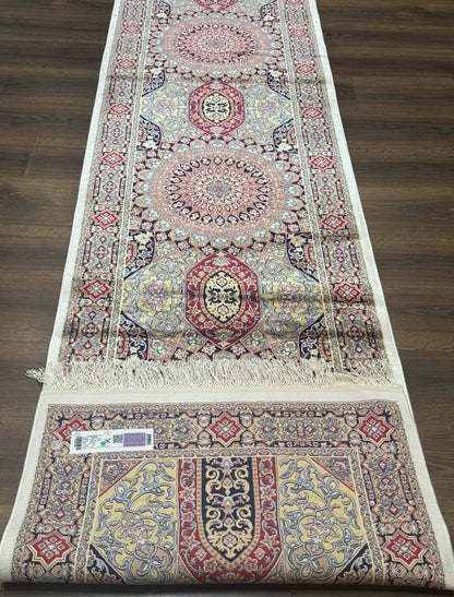 Turkish Silk Runner Rug 2.6x10 Dome Design Hereke Bamboo Silk Classic Runner