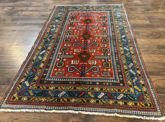 Persian Ardabil Rug 4x7 Colorful Red Blue Gold Geometric Caucasian Vintage