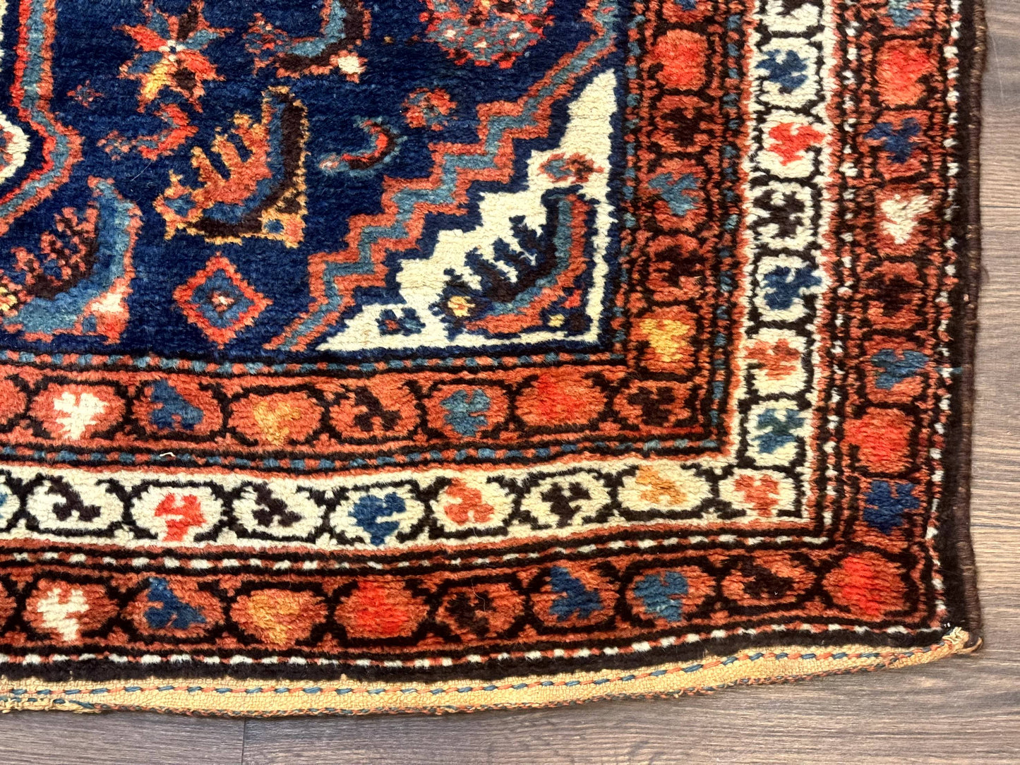 Persian Hamadan Rug 4x6 Antique Navy Blue Geometric Double Medallions Tribal Carpet