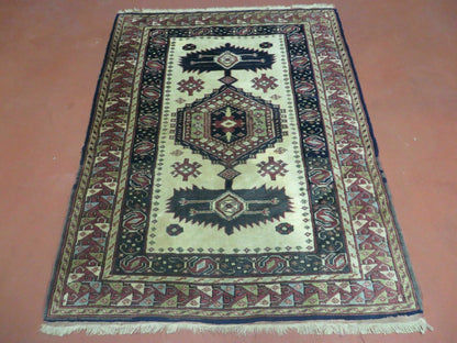 Vintage Turkish Geometric Wool Rug Handmade 1960s 41x51 Allover Pattern