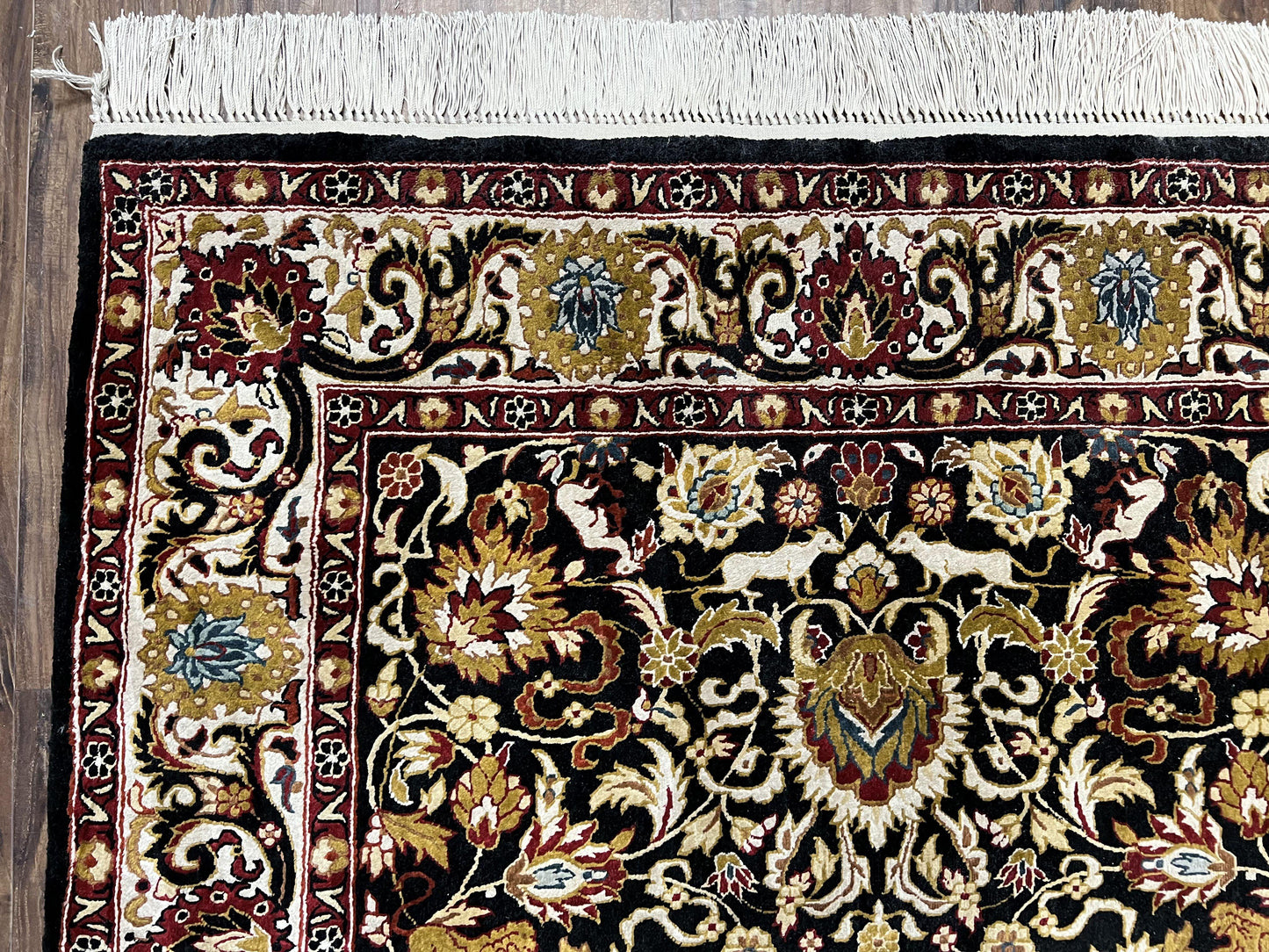 Sino Persian Silk Rug 3x5 Vintage Hand Knotted Carpet Black Ivory Gold With Floral And Animal Motifs