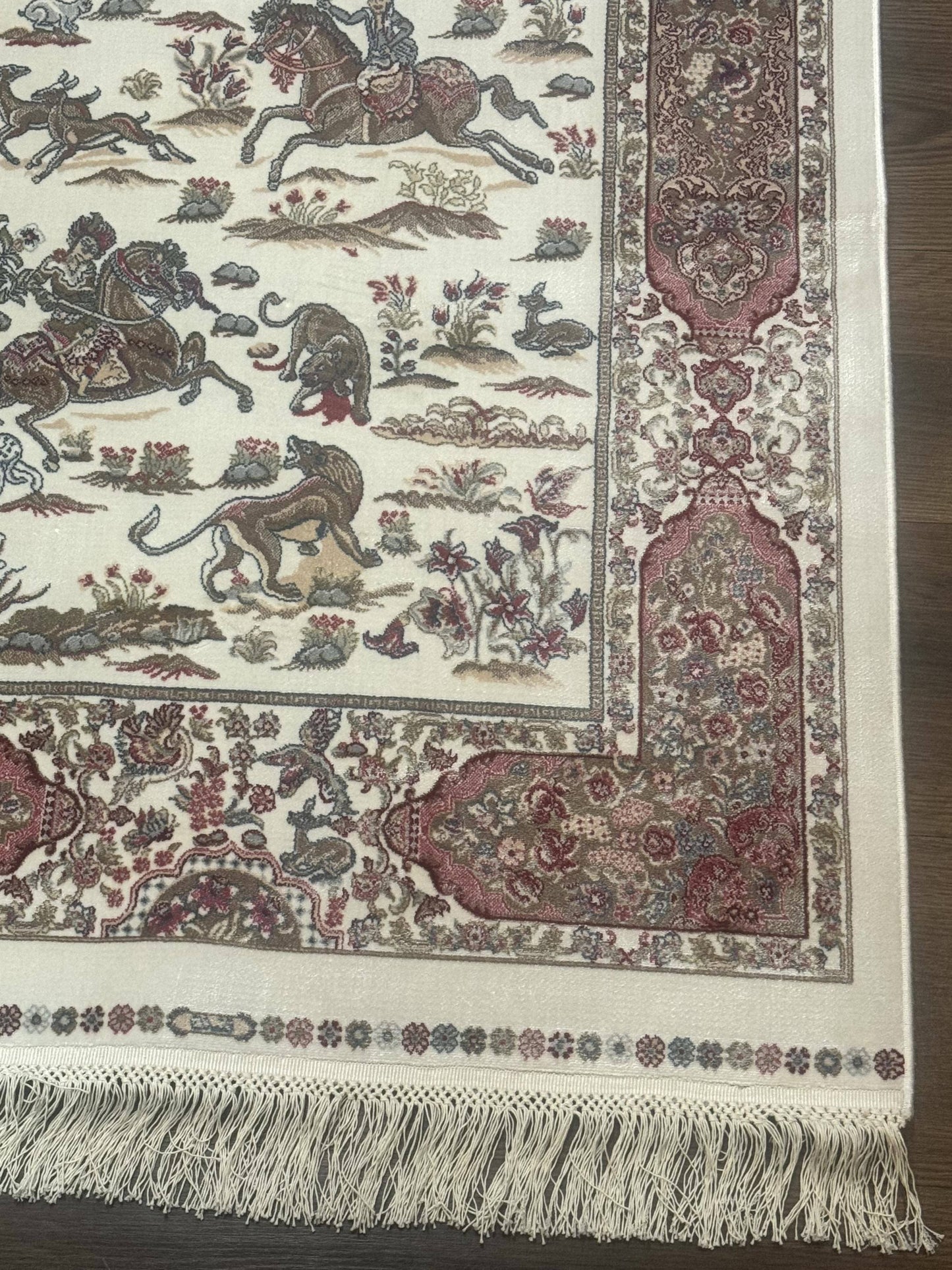 Turkish Silk Runner Rug 2.6 x 8 Ivory Bamboo Silk Hunting Design