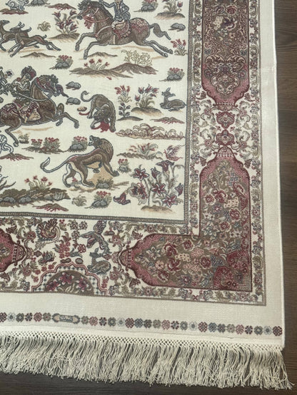 Turkish Silk Runner Rug 2.6 x 8 Ivory Bamboo Silk Hunting Design