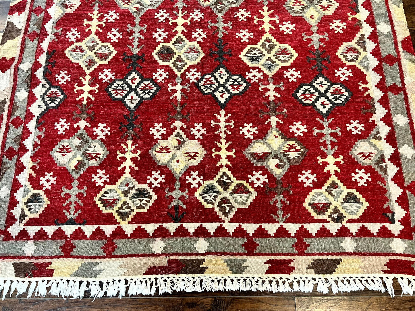 Indian Kilim Rug 6x6 Square Flatweave Wool Carpet Vintage Handmade Red