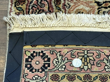 Silk Indian Kashmiri Runner Rug 2.7 X 9.8 Hand Knotted Floral Medallions