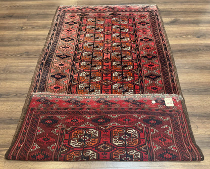 Antique Turkoman Rug Hand Knotted Wool Runner Red 3.7 By 6.7 Feet Home Decor