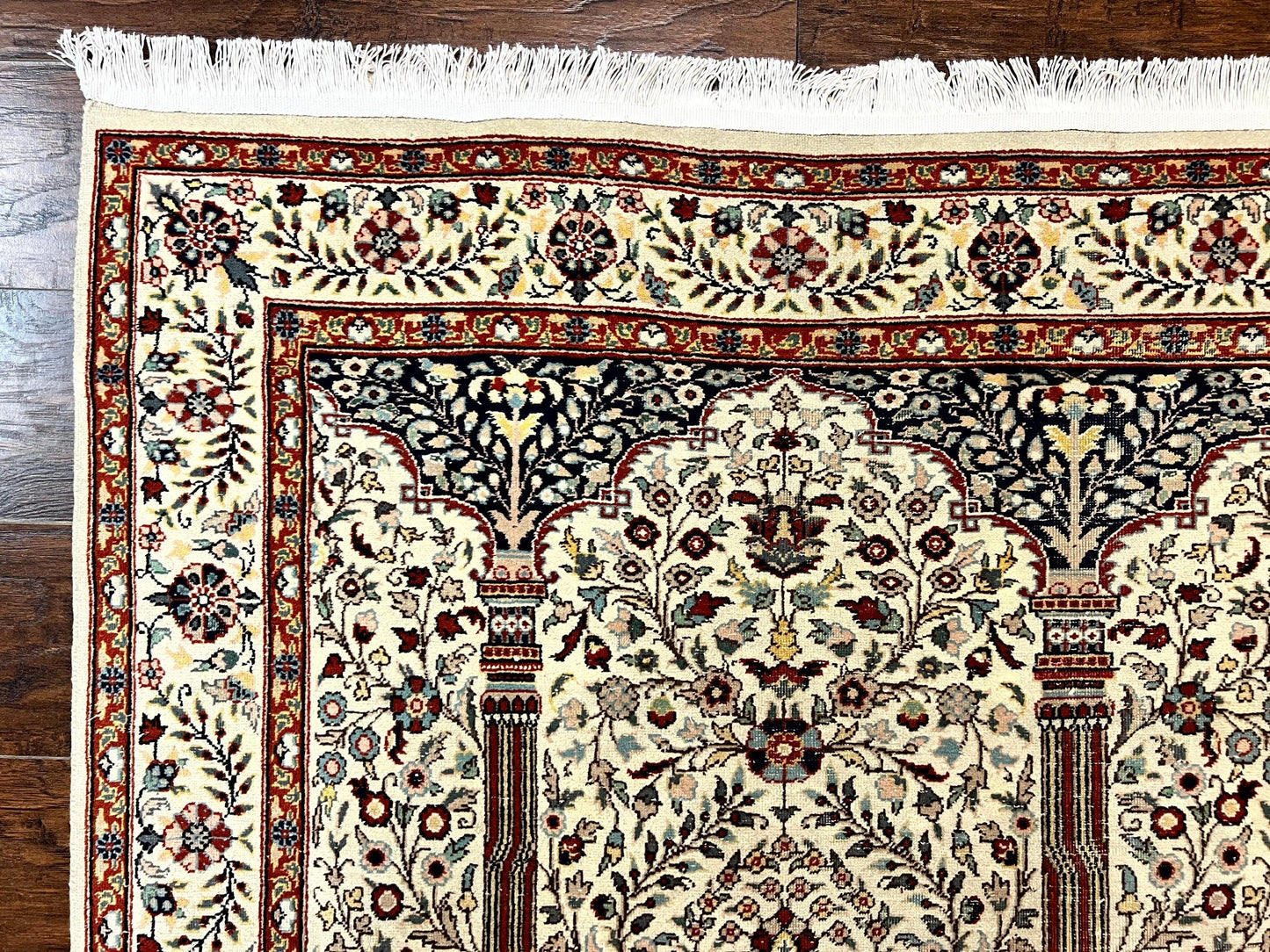 Persian Prayer Rug 4x6 Tree of Life Hand Knotted Wool Beige Vintage