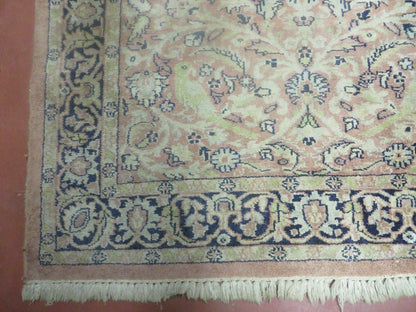 Kashmiri Silk Rug 4x6 Vintage Hand Knotted Floral Bird Motifs In Pink And Navy