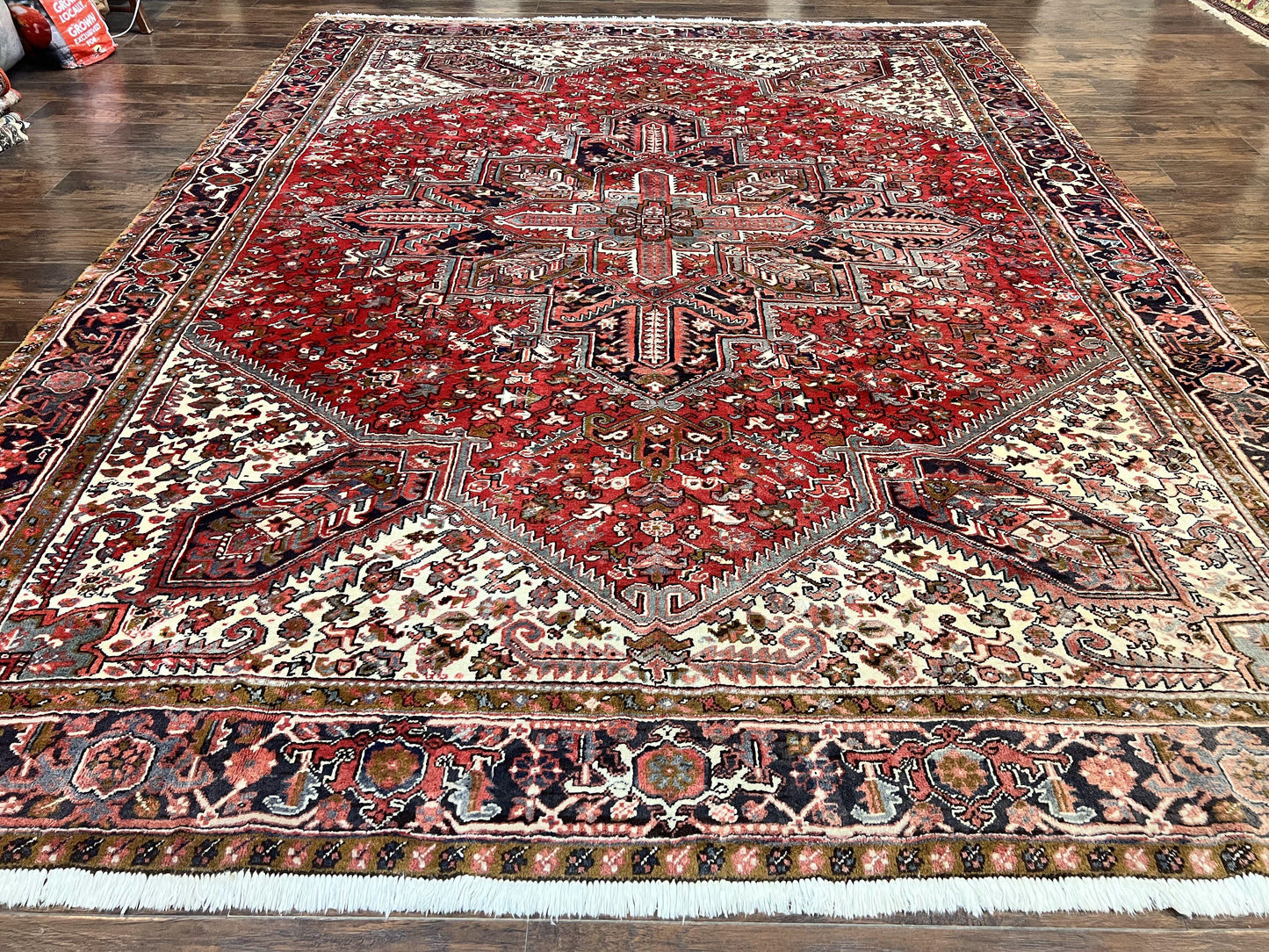 Persian Heriz Rug 10x13 Wool Hand Knotted Antique Carpet Red Ivory Geometric Tribal