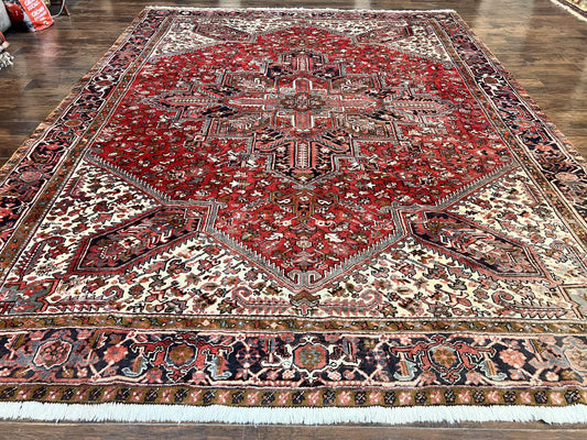 Persian Heriz Rug 10x13 Wool Hand Knotted Antique Carpet Red Ivory Geometric Tribal