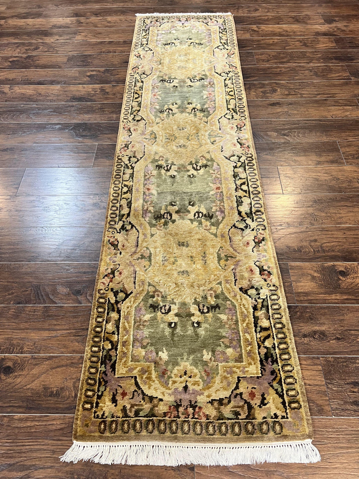 Tibetan Runner Rug Wool 2.6 By 10 Vintage Handmade European Aubusson Pattern Hallway