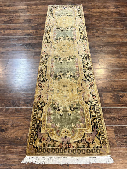 Tibetan Runner Rug Wool 2.6 By 10 Vintage Handmade European Aubusson Pattern Hallway