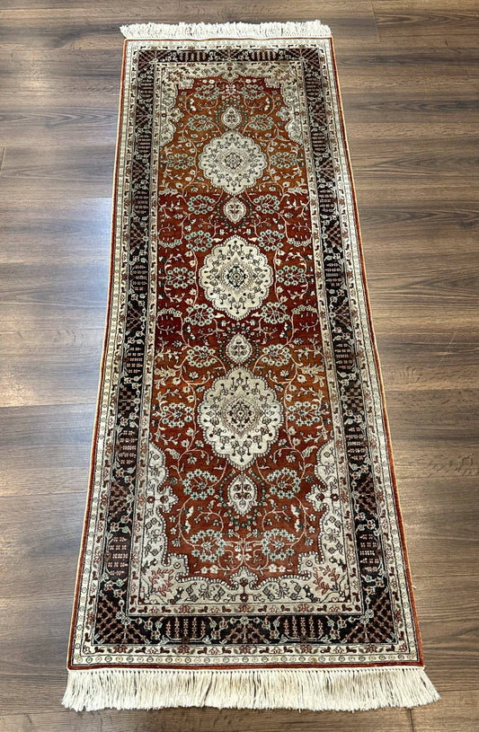 Turkish Silk Narrow Runner Rug 2 By 5.8 Handmade Floral Medallions Red