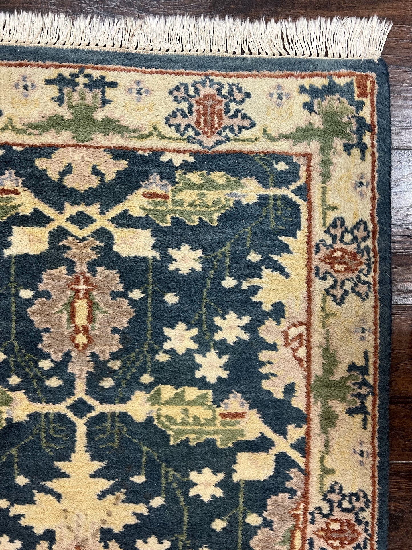 Indo Mahal Wool Hand Knotted Runner Rug 2.6 x 12 Navy Blue Beige Oriental Hallway Rug