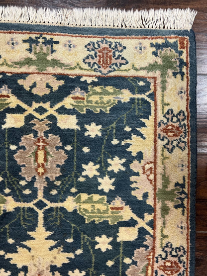 Indo Mahal Wool Hand Knotted Runner Rug 2.6 x 12 Navy Blue Beige Oriental Hallway Rug