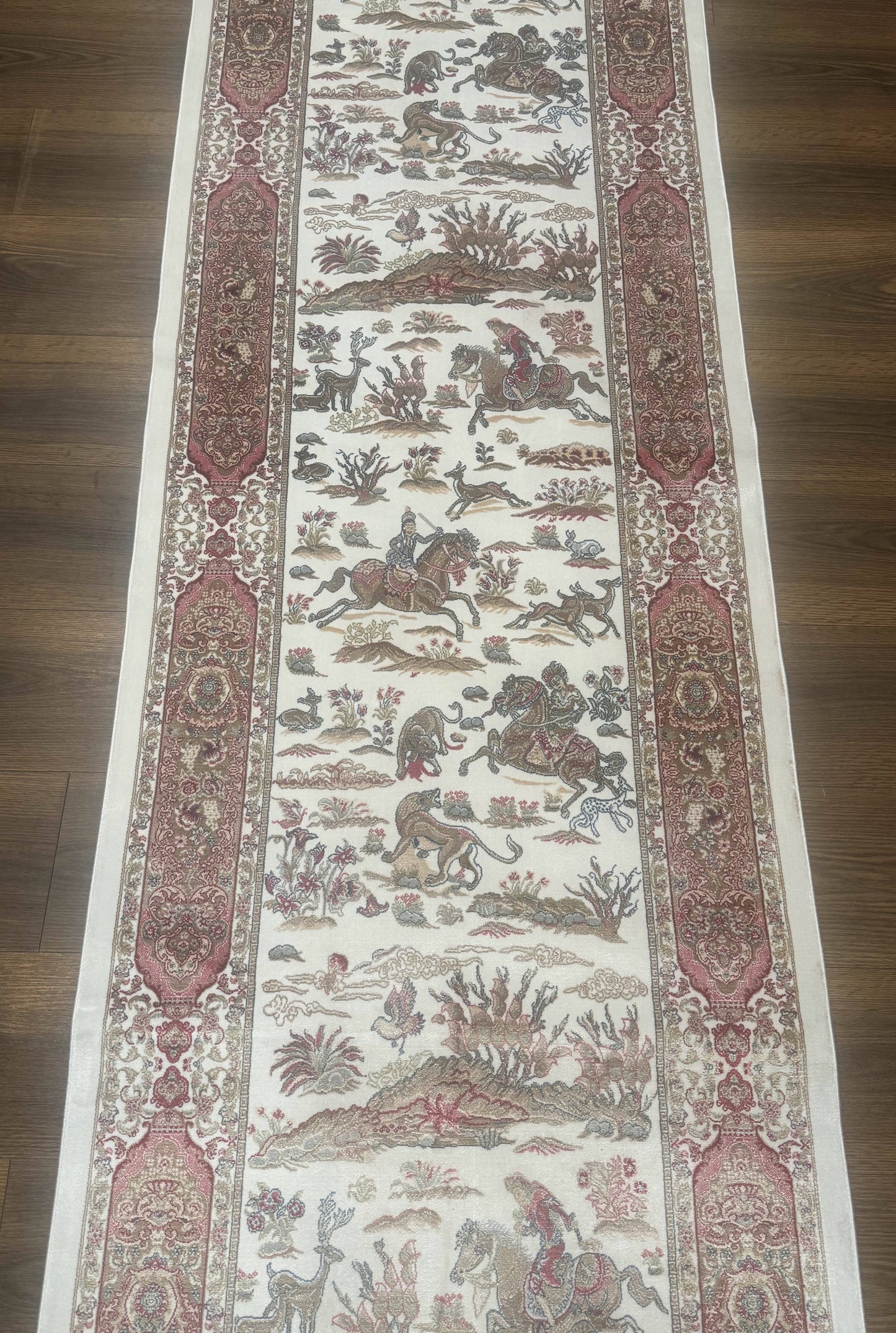 Turkish Silk Runner Rug 2.6x16.5 Ft Ivory Hunting Design Bamboo Silk New