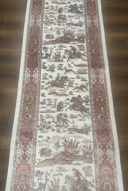Turkish Silk Runner Rug 2.6x16.5 Ft Ivory Hunting Design Bamboo Silk New