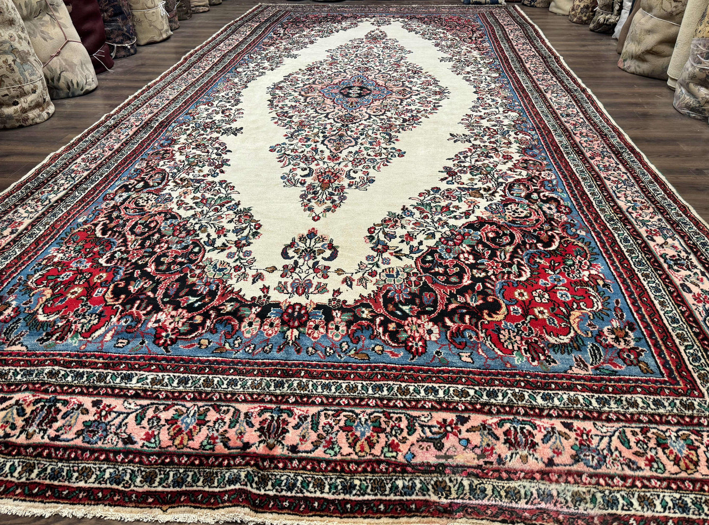 Palace Size Persian Rug 10X21 Ft Hamadan Bibikabad Antique Wool Ivory Field Oversized