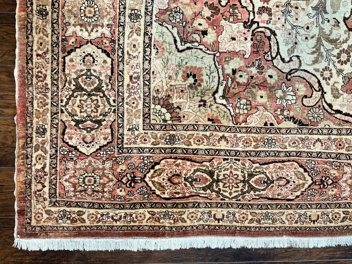 Antique Persian Tabriz Rug 10x12 Hand Knotted Wool Carpet Floral Medallion Beige and Light Red