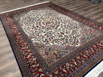 Sino Persian Rug Hand Knotted 7x10 Circle Of Life Tree Of Life Birds Cream Red Navy Blue Taupe Wool Silk Accents Vintage