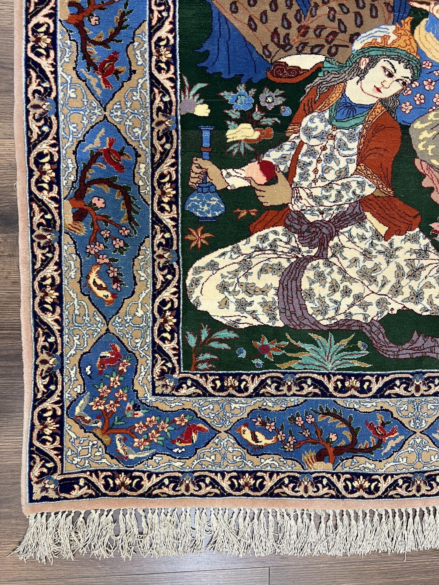 Isfahan Pictorial Rug Fine Persian Hand Knotted Blue Silk Foundation 3.7 x 5 Semi Antique