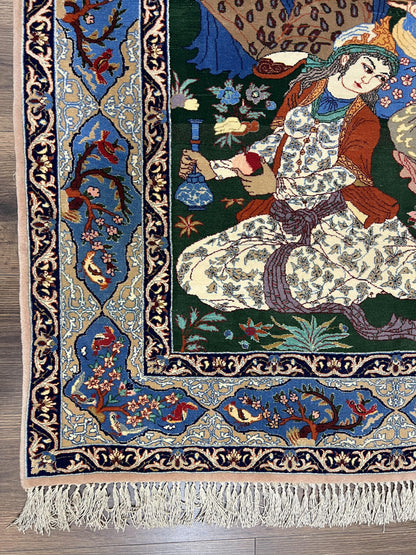 Isfahan Pictorial Rug Fine Persian Hand Knotted Blue Silk Foundation 3.7 x 5 Semi Antique