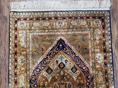 Persian Qum Silk Prayer Rug Hand Knotted 3ft 6in by 5ft Semi Antique